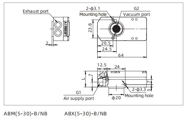 ABM/ABX Series Mini Vacuum Generator Dimensions