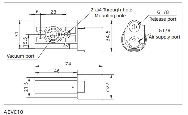 AEVC10 DIMENSIONS VACUUM GENERATOR WITH FAST BLOW-OFF