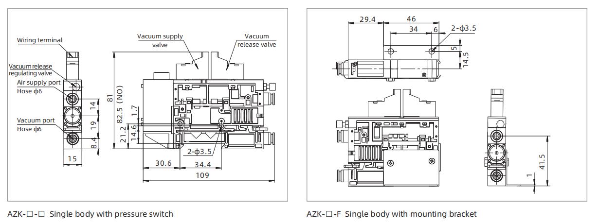 AZK Integrated Vacuum Generator Dimensions