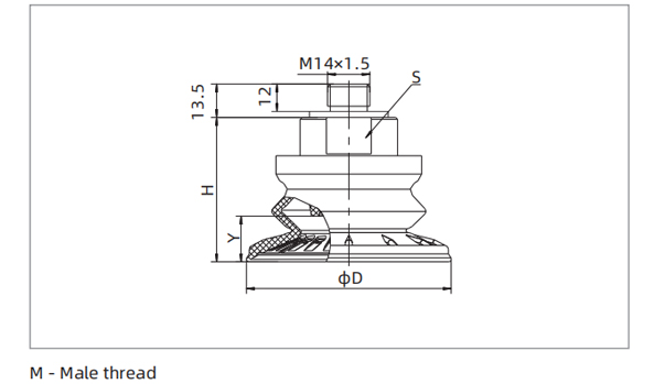 Dimensions 1.5 Bellows Suction Cup Special for Metal M-Male M14M