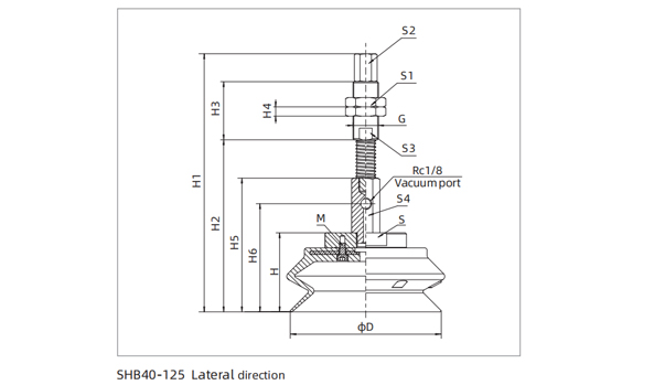 Dimensions Heavy Load Bellows Suction Cup SHB40-125 Lateral Direction