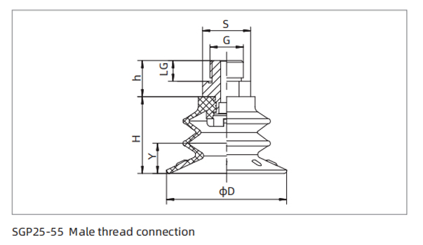 Dimensions PU Bellows Suction Cup SGP25-55 Male Thread Connection